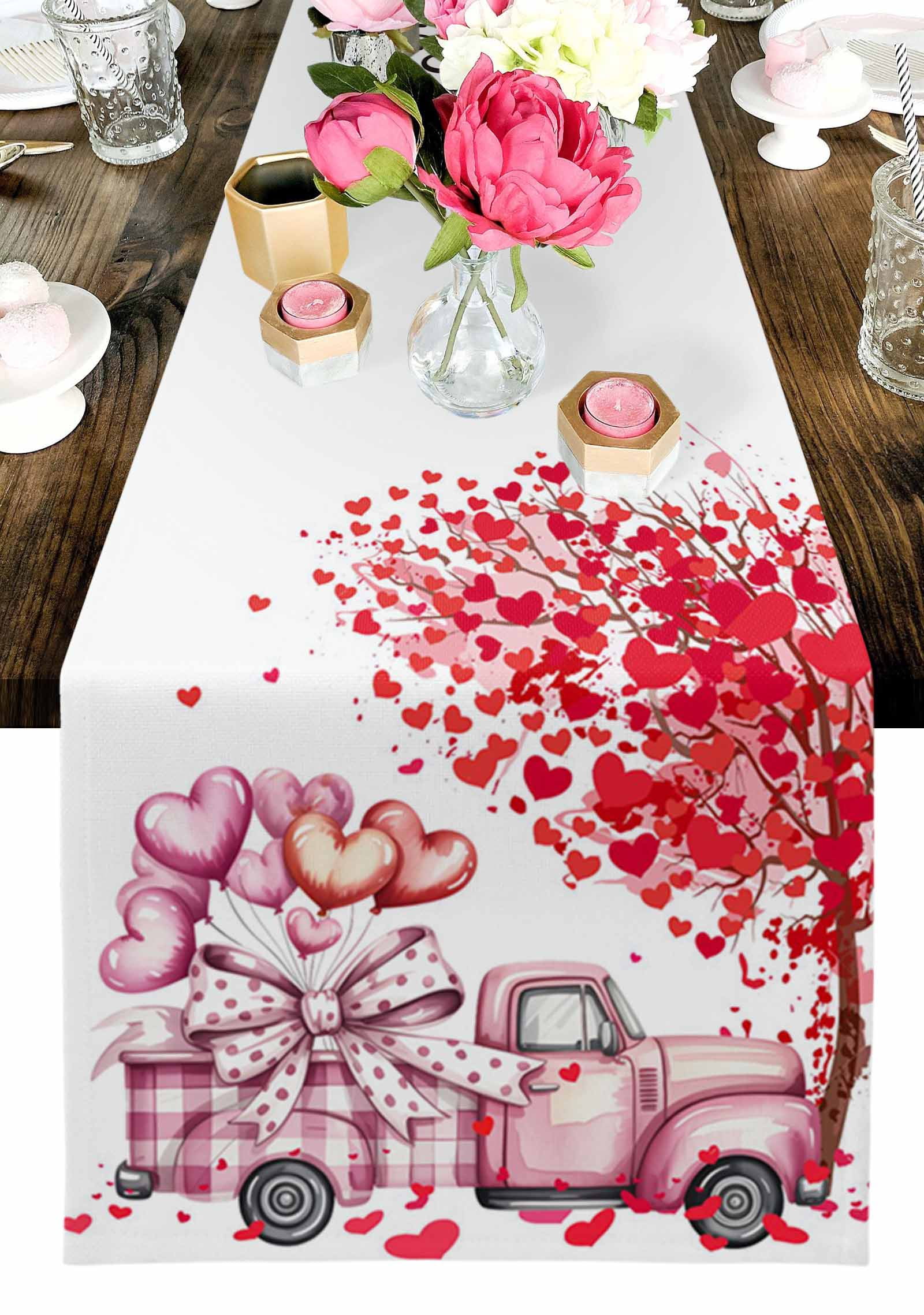 Happy Valentine's Day Table Runner, Red Loves Tree Pink Truck Heart ...