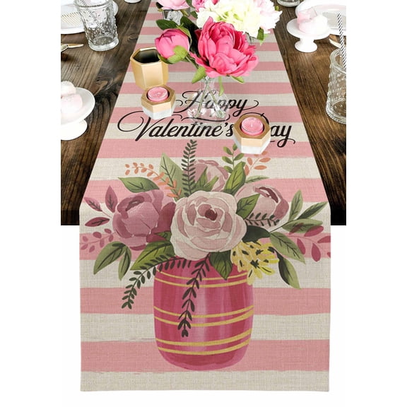 Happy Valentine's Day Table Runner, Watercolor Pink Roses Vase Pink Stripes Washable Cotton-linen Table Runners Dining Kitchen Decoration for Everyday Home Wedding Party Decor, 13 x 72 Inch