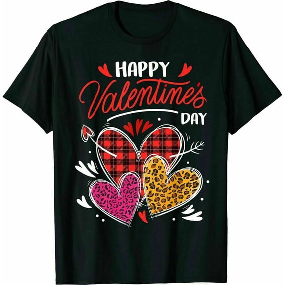 Happy Valentine's Day Three Leopard And Plaid Hearts Girls Shirt, Size M-3XL