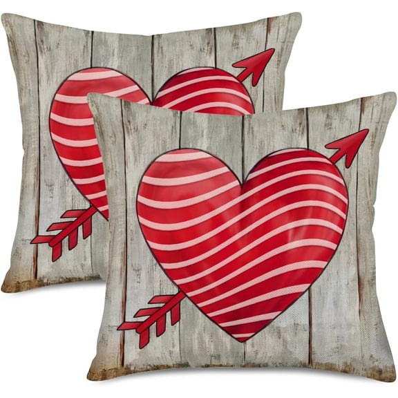 Happy Valentine‘s Day Throw Pillow Covers Set of 2 18x18 Inch Vintage Wood with Love Heart Red Stripes Cupid Arrows Pillow Cases Cotton Linen Valentine‘s Day Home Decor Couch Cushion Cover
