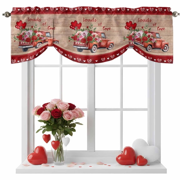 Happy Valentine's Day Tie Up Valance for Windows, Red Pink Rose Truck Red Plaid Board Adjustable Rod Pocket Tie Up Valance Curtains Window Treatment for Kitchen Bathroom Bedroom 42 X 12 Inch
