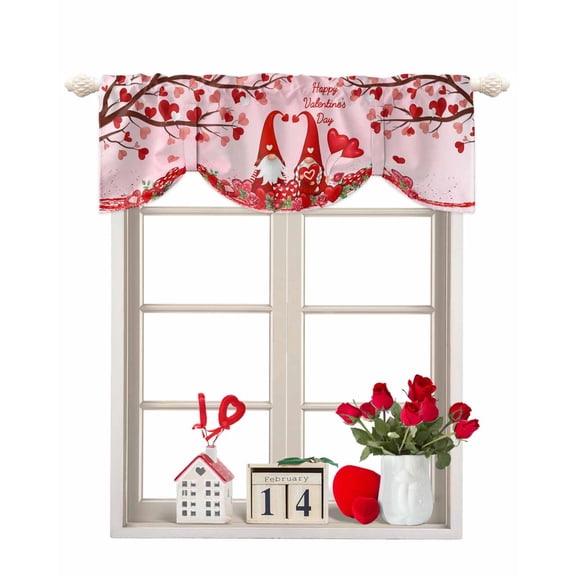 Happy Valentine's Day Tie Up Valances Curtain, Red Heart Gnomes Love Tree Pink Ombre Adjustable Rod Pocket Short Window Treatment Tie Up Curtains Valances for Kitchen Living Room Bathroom 42x12 In