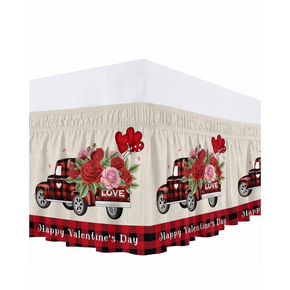 Happy Valentine's Day Truck Bed Skirt California King Size 18 Inch Drop, Love Rose Red Plaid Adjustable Elastic Dust Ruffles Bedskirt Wrap Around Pleated Mattress Frame Cover