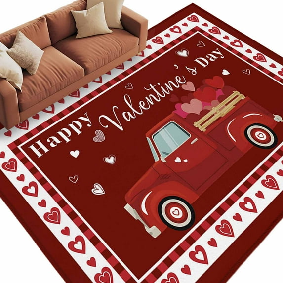 Happy Valentine's Day Truck Washable Area Rug 6 x 9 ft Red Love Romantic, Soft Non Slip Rugs Stain Repellent Indoor Felt Carpet for Living Dining Room Bedroom Home Office