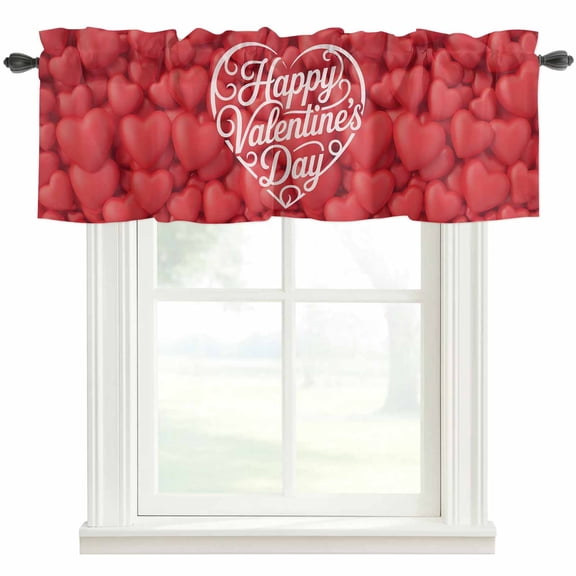 Happy Valentine's Day Valances for Windows Romantic Red Love Heart Fantasy Letter Print Rod Pocket Curtain Valance Window Treatment Short Curtains for Kitchen Living Room, 42"x12"