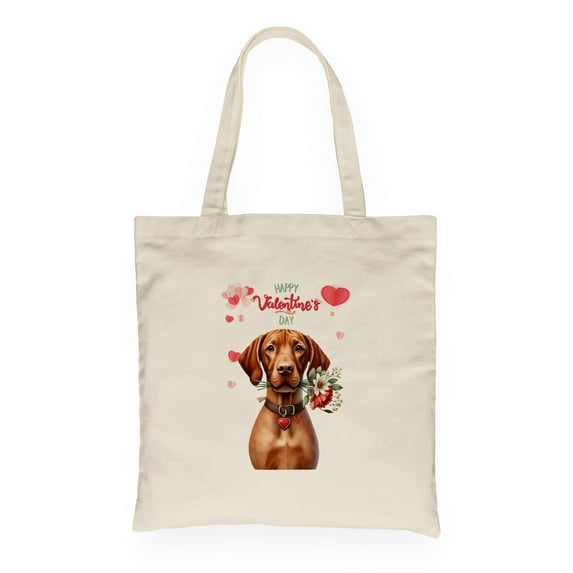 Happy Valentine's Day Vizsla holding flowers Canvas Tote Bag Vizslas Dog Lover Gifts Idea Reusable Shopping Grocery Bag - 03005