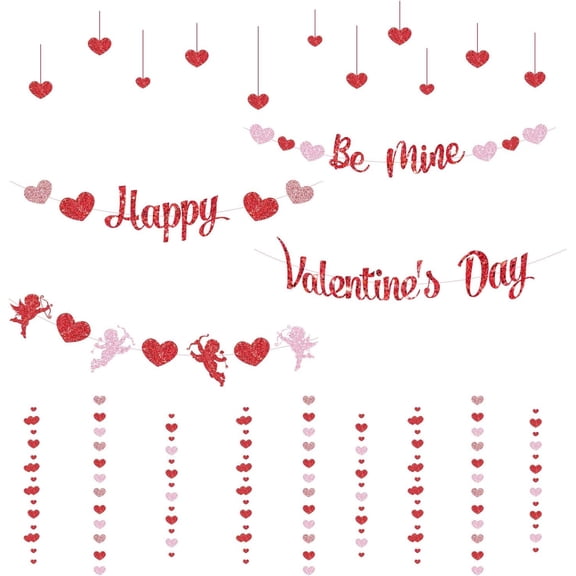 Happy Valentine's Day Wall Decals Red Pink Love Glittery Wall Stickers Heart Shaped Pendant Decor Window Cling Decals for Valentine's Day Bedroom Living Room Home Wall Decoration colorful