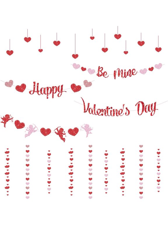 Happy Valentine's Day Wall Decals Red Pink Love Glittery Wall Stickers Heart Shaped Pendant Decor Window Cling Decals for Valentine's Day Bedroom Living Room Home Wall Decoration colorful DIY
