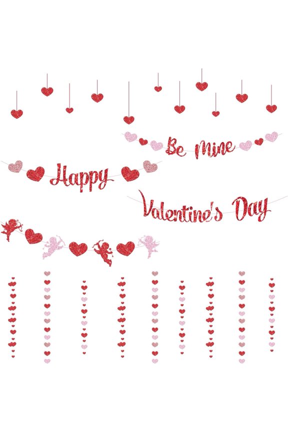 Happy Valentine's Day Wall Decals Red Pink Love Glittery Wall Stickers Heart Shaped Pendant Decor Window Cling Decals for Valentine's Day Bedroom Living Room Home Wall Decoration colorful DIY