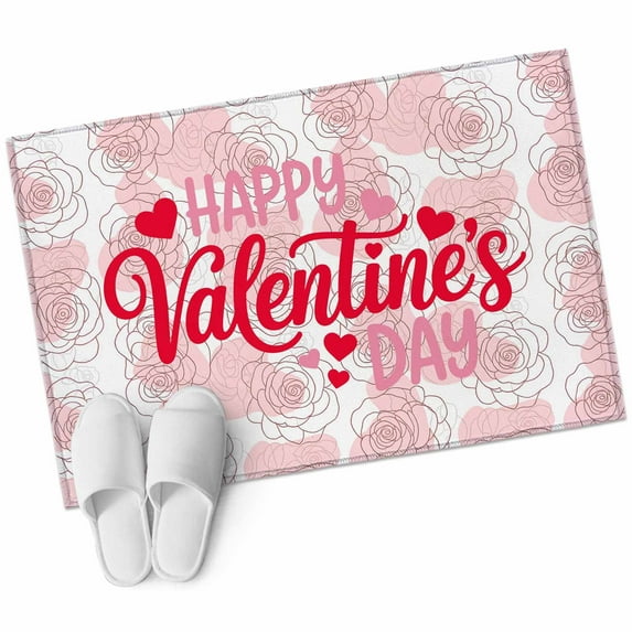 Happy Valentine's Day Washable Area Rug 2 x 3 ft Vintage Watercolor Pink Romantic Line Rose Flower, Soft Non Slip Rugs Stain Repellent Indoor Felt Carpet for Living Dining Room Bedroom Home Office