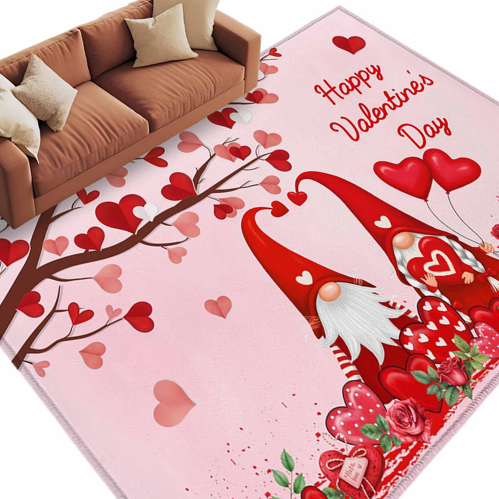 Valentine Rug Happy Valentine's Day Washable Area Rug 6 x 9 ft Red Heart Gnomes Love ...