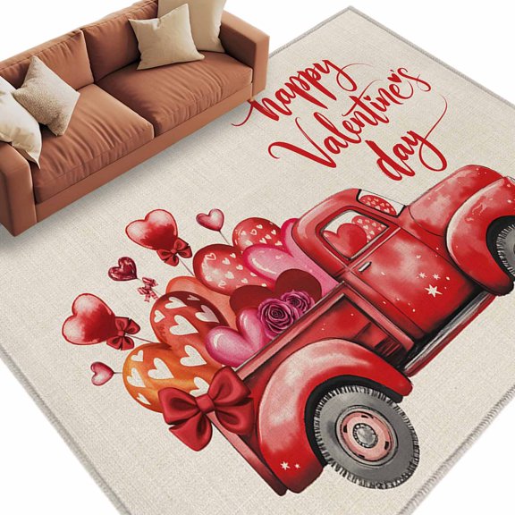 Happy Valentine's Day Washable Area Rug 6 x 9 ft Red Truck with Love Heart Balloon Linen Texture, Soft Non Slip Rugs Stain Repellent Indoor Felt Carpet for Living Dining Room Bedroom Home Office