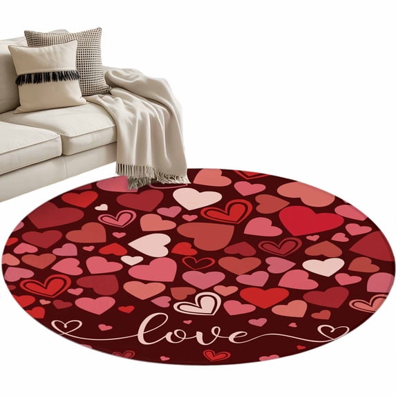 Happy Valentine's Day Washable Round Area Rug 4 ft, Simple Red Pink Love Heart Red Background, Soft Non Slip Rugs Stain Repellent Indoor Felt Carpet for Living Dining Room Bedroom Home Office