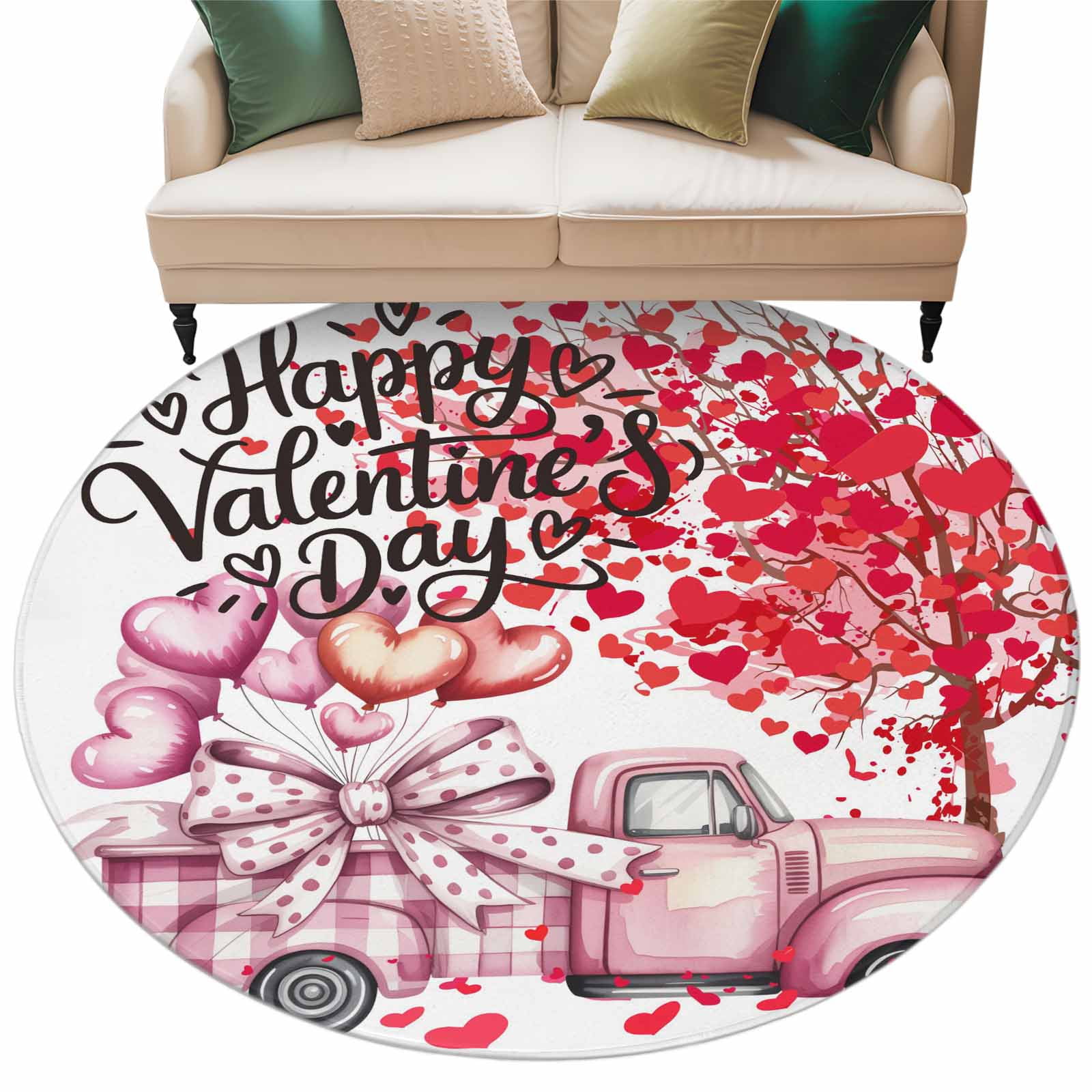 Happy Valentine's Day Washable Round Area Rug 6 ft, Red Loves Tree Pink ...