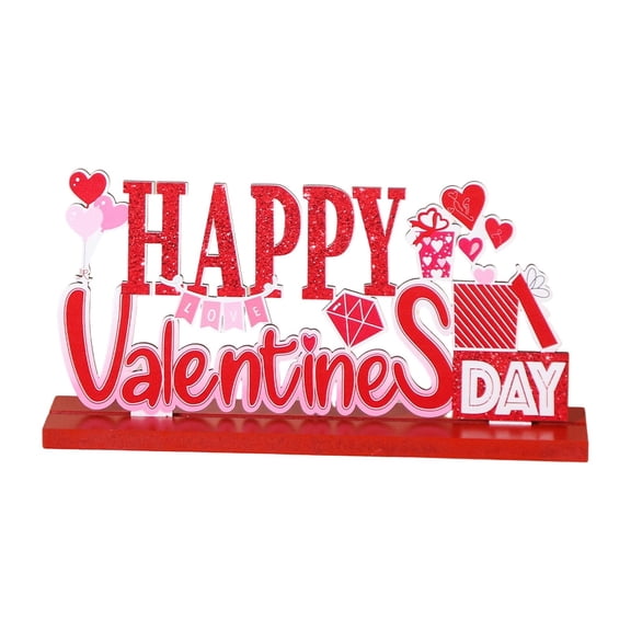 Happy Valentine's Day Wooden Sign Valentines Table Centerpiece Valentine Tiered Tray Decor Freestanding Red Pink Heart Table Sign with Wood Base for Home Office Mantel Shelf Fireplace Desk