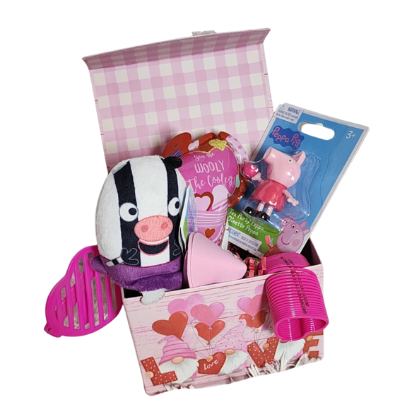 Happy Valentine's Day Zebra Peppa Girls Valentine Valentines Gift Basket Plush Stuffed Toy Candies Reusable Toy Bucket Kids Easter Spring Holiday Hearts Gift (Contents Vary)