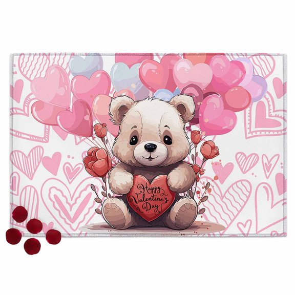 Happy Valentine's Door Mat Day Bear with Love Heart Balloons Non Slip Absorbent Entrance Mat Washable Low Profile Indoor Doormat for Front Door Entryway Entry 16"x24"