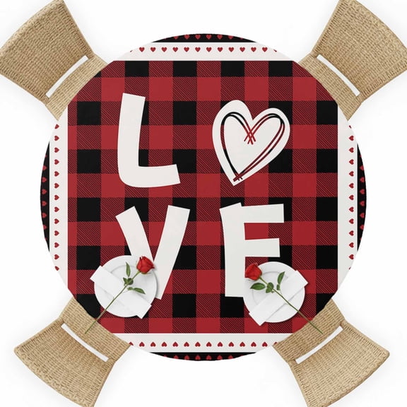 Happy Valentine's Round Table Cover, Day LOVE Red Black Plaid Background Waterproof Fitted Tablecloths for 36"-44" Tables, Washable Picnic Table Cover for Camping Dining Indoor Outdoor