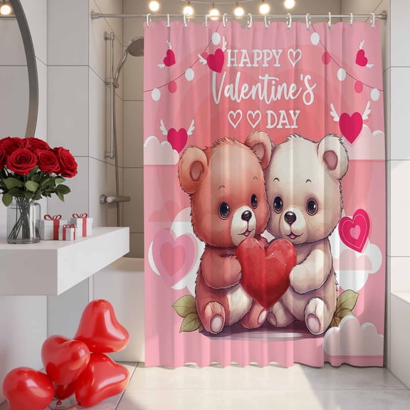 Happy Valentine's Shower Curtain, 36" x 72", Day Bears Snuggling Up with Love Heart Waterproof Bathroom Curtain Washable Shower Curtain Set with 12 Hooks