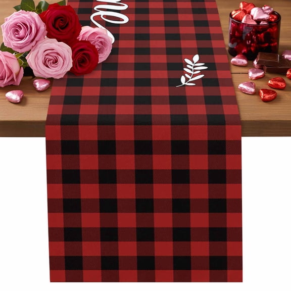 Happy Valentine's Table Runner 13 x 36 Inch, Day Black Red Plaid Washable Cotton Linen Dining Table Runner Tabletop Decorations for Restaurant Home Kitchen Party