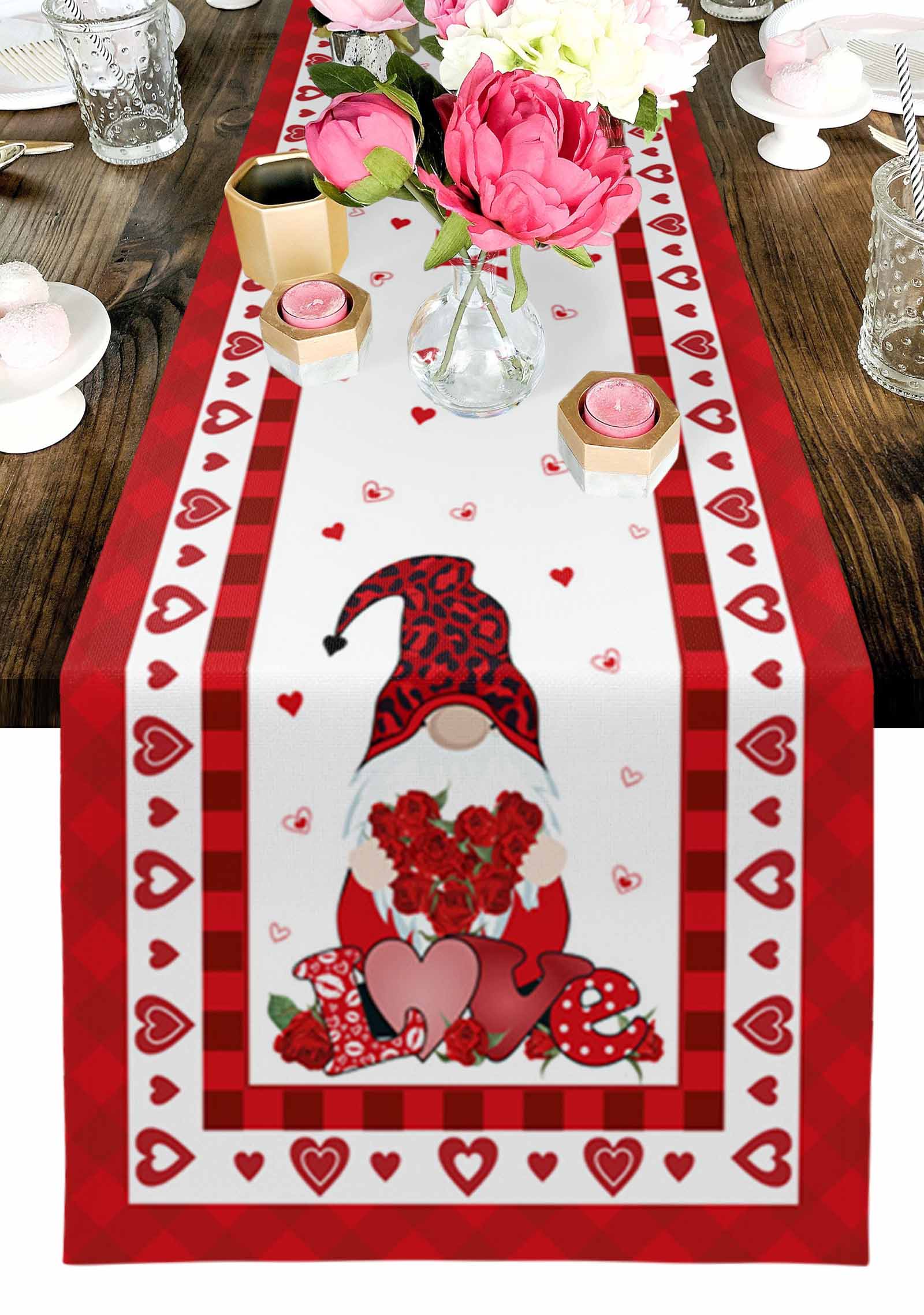Happy Valentine's Table Runner, Day Gnomes on Red Love Hearts Plaid ...