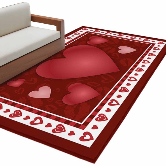 Happy Valentine's Washable Area Rug 2.7 x 5 ft Day Love Red Lips Heart Plaid , Soft Non Slip Rugs Stain Repellent Indoor Felt Carpet for Living Dining Room Bedroom Home Office