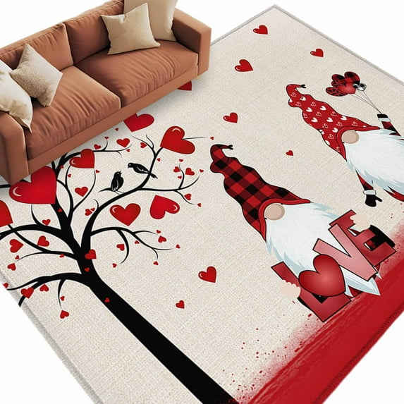 Happy Valentine's Washable Area Rug 5 x 7 ft Day Gnomes Linen Texture, Soft Non Slip Rugs Stain Repellent Indoor Felt Carpet for Living Dining Room Bedroom Home Office