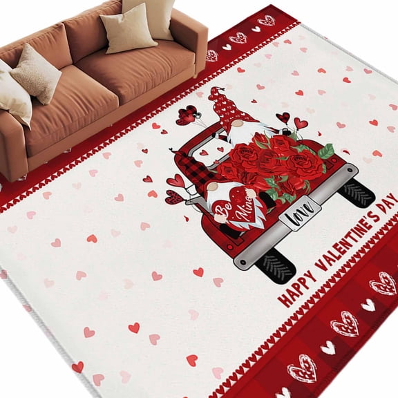 Happy Valentine's Washable Area Rug 6 x 9 ft Day Red Truck with Gnomes, Soft Non Slip Rugs Stain Repellent Indoor Felt Carpet for Living Dining Room Bedroom Home Office