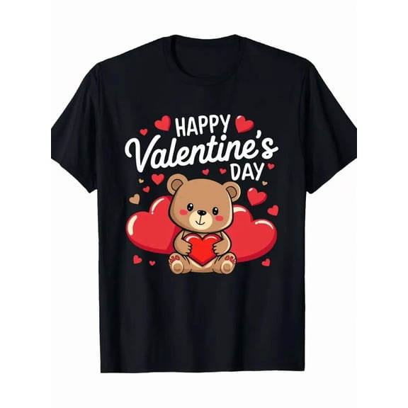 Happy Valentines Day Bear Graphic T-Shirt for Women Men Unisex | Black Short Sleeve Casual Tee, Crew Neck, Regular Fit, All-season, Heat Transfer Printing