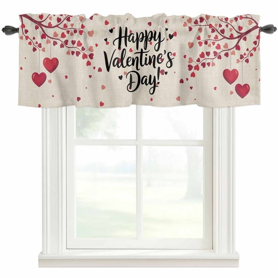 Happy Valentines Day Farmhouse Short Window Curtain Valances, Red Love Branches Spring Beige Rod Pocket Kitchen Valances for Living Room Bedroom Bathroom Cafe 60" x 18"