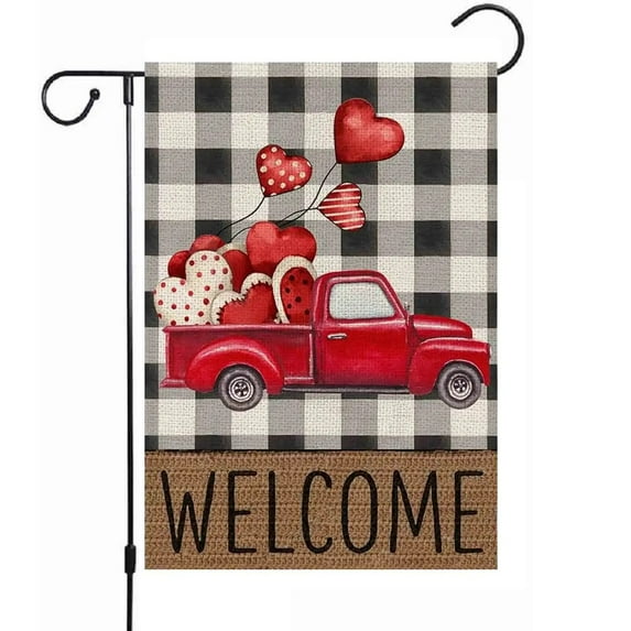 Happy Valentines Day Garden Flag 12×18 Inch Double Sided Vertical Red Truck Heart-Shaped Welcome Farmhouse Rustic Seasonal Holiday Yard Decoration