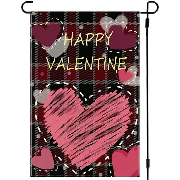 Happy Valentines Day Garden Flag 12.5x18 Double Sided for Outside Buffalo Plaid Hearts Valentine Yard Flag Burlap Outdoor Holiday Decorations Clearance 23-12