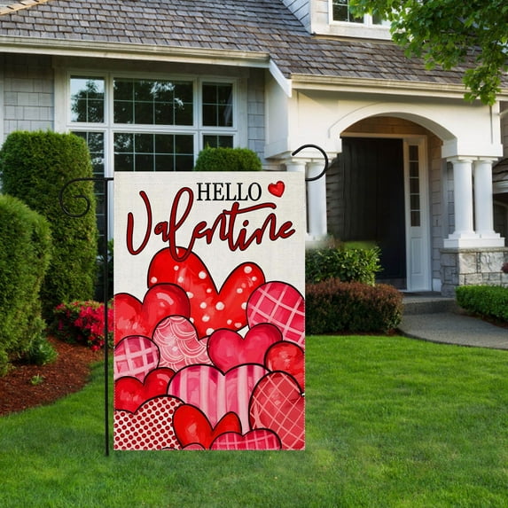 Happy Valentines Day Garden Flag Love Heart 12x18 Inch Double Sided Welcome Small Burlap Spring Holiday Yard Outdoor Outside Home House Decoration