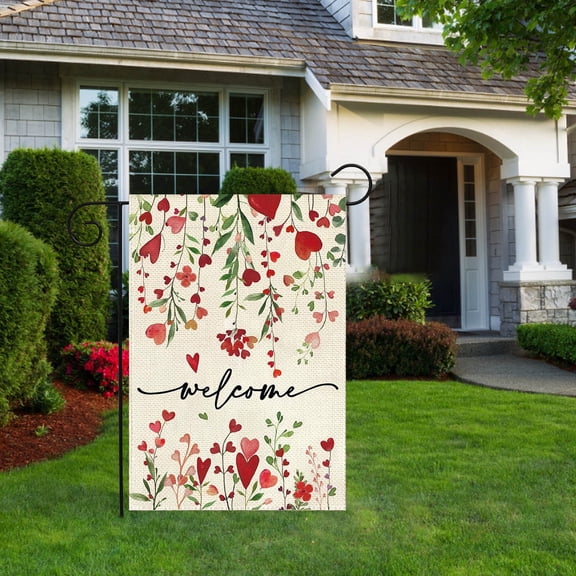 Happy Valentines Day Garden Flag Love Heart 12x18 Inch Double Sided Welcome Small Burlap Spring Holiday Yard Outdoor Outside Home House Decoration