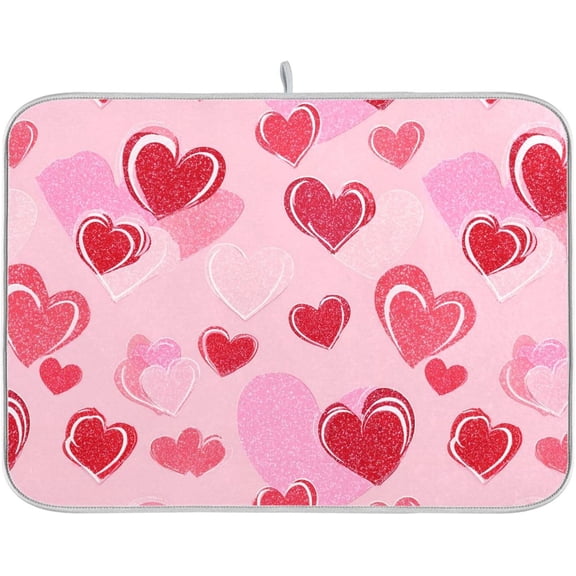 Happy Valentines Day Hearts Dish Drying Mat 16 X 18 Inch Stars Romantic Red Pink Glitter Love Heart Dry Dishes Pads Drainer Mats Tableware Protector for Home Kitchen Countertops Counter Decorations