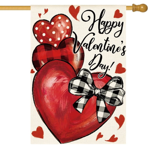 Happy Valentines Day House Flag 28x40 Inch Double Sided Outside, Love Hearts Rustic Anniversary Yard Outdoor Flag