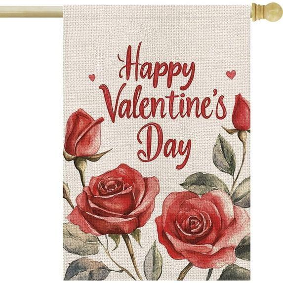 Happy Valentines Day House Flag 28x40 Inch Double Sided Outside Roses Flowers Decorative Flag for Rustic Anniversary Holiday Yard Outdoor Decoration