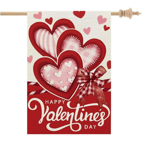 Happy Valentines Day House Flag 28x40 Inch Double Sided for Outside Large Burlap Love Hearts Red Holiday Yard Decoration CF1683-40