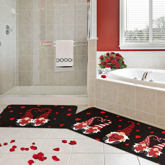 Happy Valentines Day Kitchen Rugs Set of 2, Red Pink Love Heart Glitter Floor Mats Home Decor, Anniversary Wedding Door Mat Decorations - 16x24 and 16x43 Inches