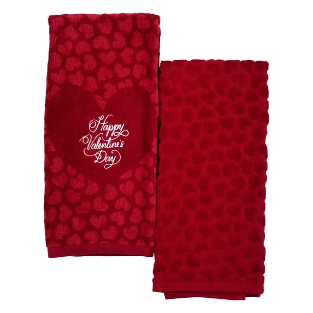 Celebrate Valentine Red Hearts Bath Hand Towels, 2 Pack, Embroidered Happy Valentine's Day ...