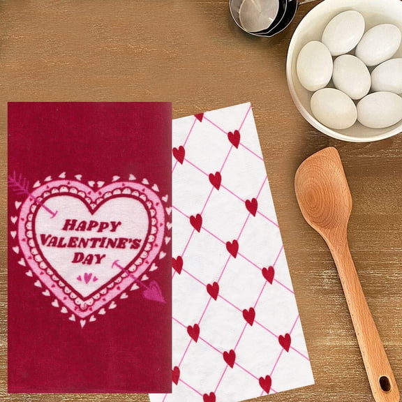 Happy Valentines Day Kitchen Towels, Set of 2 Cotton, Pink Red Love Hearts Print by Celebrate