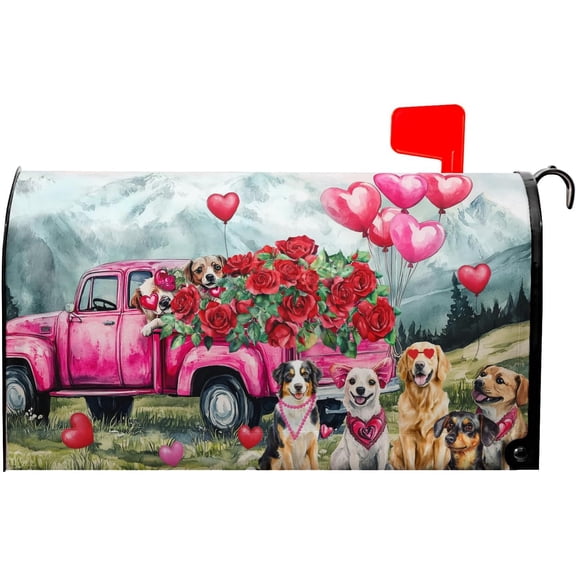 Happy Valentines Day Mailbox Cover Magnetic Valentine Truck Dog Flowers Mailbox Wrap Post Cover Large Size 25.5x21 Inch for Garden Yard Outdoor Outside Patio Wedding Holiday Decor
