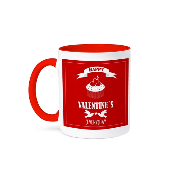 Happy Valentines Day Message On Red Background With Sweet Cupcake, 11oz Two-Tone Red Mug