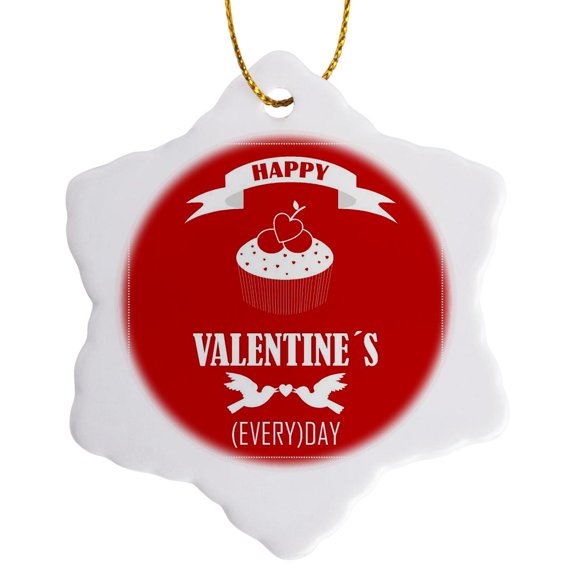 Happy Valentines Day Message On Red Background With Sweet Cupcake, 3 inch Snowflake Porcelain Ornament