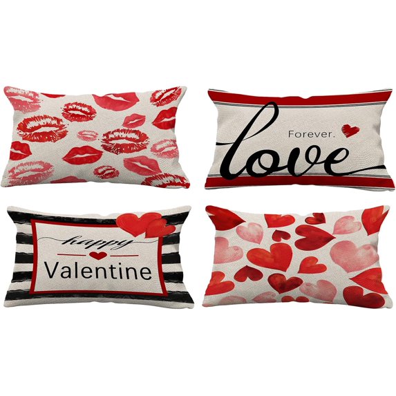 Happy Valentines Day Pillow Covers 12x20 Set of 4 Red Love Heart Throw Pillow Covers Wedding Anniversary Pillow Covers Holiday Kisses Pillow Cases Home Outdoor Sofa Couch Cushion Case 12IN