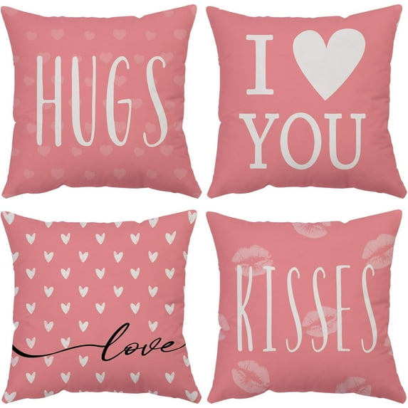 Happy Valentines Day Pillow Covers 16x16 Set of 4 Pink Love Heart Velvet Throw Pillow Covers Wedding Anniversary Kisses Hugs Pillow Cases Cushion Covers for Sofa Couch Outdoor Decoration(16 Inch)