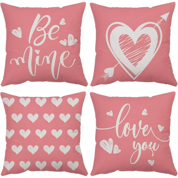 Happy Valentines Day Pillow Covers 16x16 Set of 4 Pink Love You Heart Velvet Throw Pillow Covers Wedding Anniversary Be Mine Pillow Cases Cushion Covers for Outdoor Couch Sofa Decoration(16 Inch)