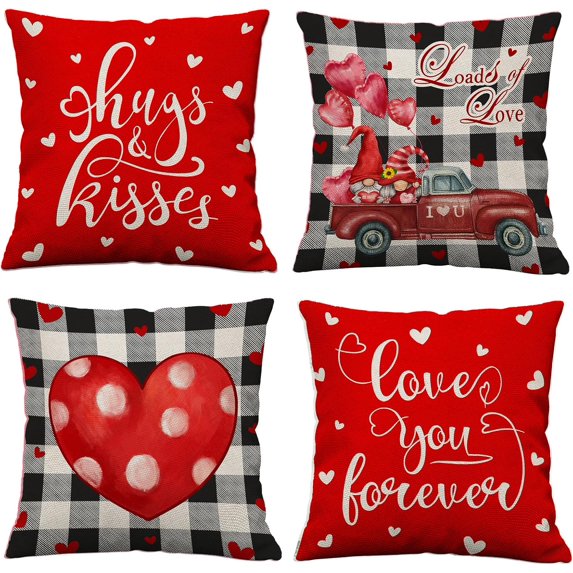 Happy Valentines Day Pillow Covers 16x16 Set of 4 Red Love Heart Throw Pillow Covers Wedding Anniversary Pillow Covers Black and white plaid Pillow Cases Home Outdoor Sofa Couch Cushion Case 16IN