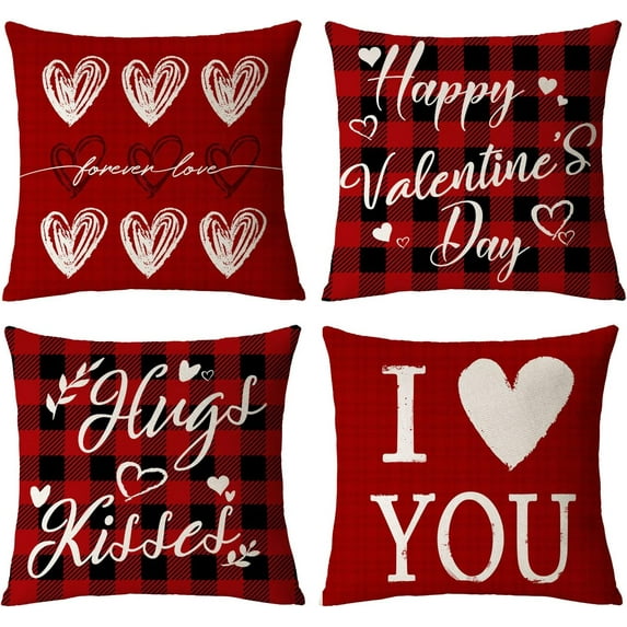 Happy Valentines Day Pillow Covers 18x18 Set of 4 Red Love Heart Throw Pillow Covers Wedding Anniversary Pillow Covers Pillow Cases Home Outdoor Sofa Couch Cushion Covers (18 by 18)