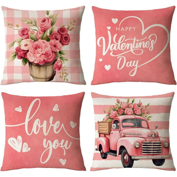 Happy Valentines Day Pillow Covers 18x18 Set of 4 Red Love Heart Throw Pillow Covers Wedding Anniversary Pillow Covers Pillow Cases Home Outdoor Sofa Couch Cushion Covers (18 by 18)